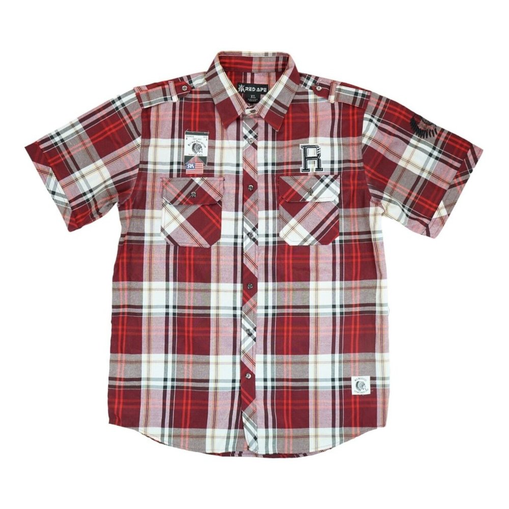 Red Ape‎ Shirt Mens XL Red Plaid Short Sleeve Pockets Button Up Casual